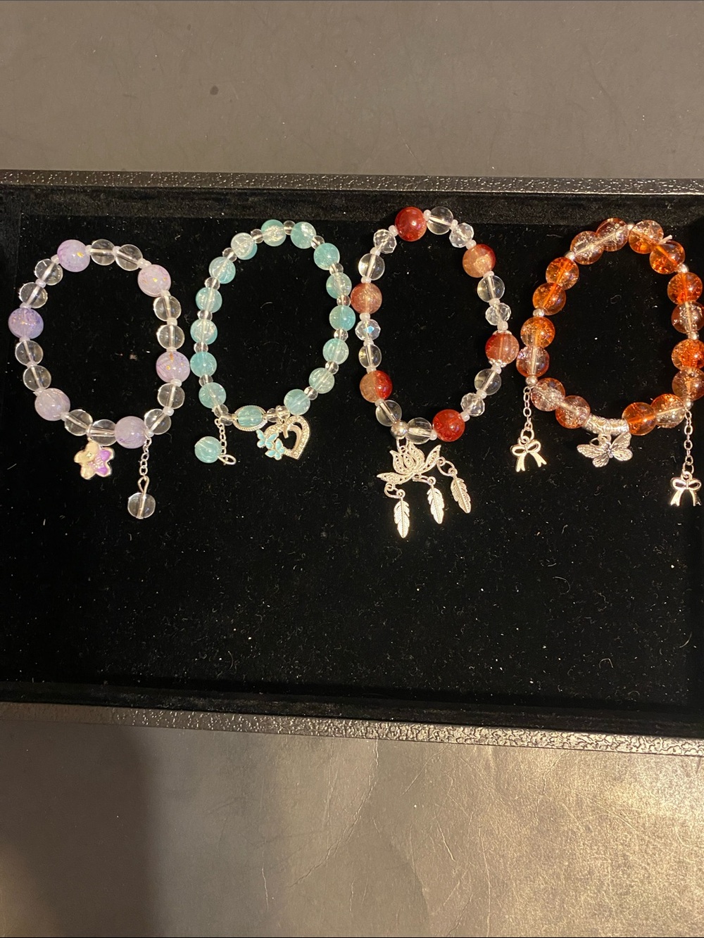 Handmade Multi-Color Beaded Charm Bracelet Set - Lavender, Aqua, Red, Amber